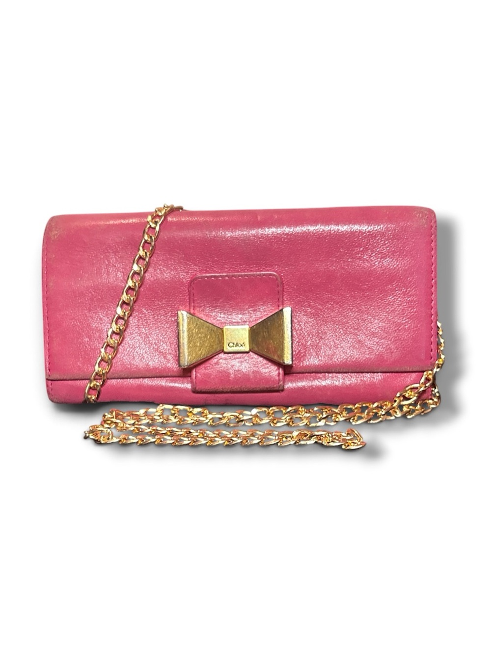 Chloe Pink Bobbie Bow Leather Bifold Wallet Chain